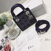 Designer Dior Mini Lady Dior Bag In Blue "Cannage" Satin With Rhinestones CY01102