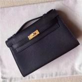 Designer Hermes Kelly Pochette Clutch Bag In Black Epsom Leather CY00453