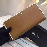 Prada 1ML506 Brown Saffiano Leather Zip Around Long Wallet With White Trimming CY00358