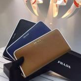 Prada 1ML506 Brown Saffiano Leather Zip Around Long Wallet With White Trimming CY00358