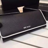 Prada 1MH132 Black Saffiano Leather Long Fold Wallet With White Trimming Replica CY00725