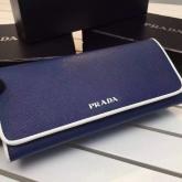 Prada 1MH132 Blue Saffiano Leather Long Fold Wallet With White Trimming CY00903