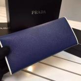 Prada 1MH132 Blue Saffiano Leather Long Fold Wallet With White Trimming CY00903