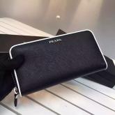 Replica Prada 1ML506 Black Saffiano Leather Zip Around Long Wallet With White Trimming CY00929