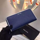 Designer Prada 1ML506 Blue Saffiano Leather Zip Around Long Wallet With White Trimming CY01299