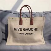 Designer YSL Saint Laurent Rive Gauche Tote Bag In Beige Linen And Cognac Leather 4992909 CY00073