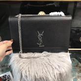 YSL Saint Laurent Large Kate Chain Bag In Black Grain De Poudre Textured Leather Silver Hardware CY00115