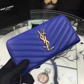 YSL Saint Laurent Zip Around Wallet Textured Matelasse Leather 358094 Blue CY00123