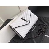 YSL Monogram Saint Laurent Chain Wallet In White And Black Grain De Poudre Textured Matelasse Leather 360452 CY00263