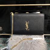 Designer YSL Saint Laurent Large Kate Chain Bag In Black Grain De Poudre Textured Leather Gold Hardware CY00322