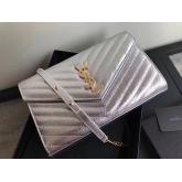 YSL Saint Laurent Monogram Chain Wallet Grained Matelasse Metallic Leather Silver CY00327