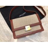 YSL Saint Laurent Medium Bellechasse Satchel In Beige Linen Canvas And Cognac Leather CY00329