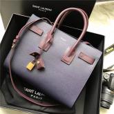 Replica YSL Yves Saint Laurent Classic Small Sac De Jour Bag In Dark Blue Grained Leather With Claret Red Handle CY00339