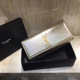 YSL Saint Laurent Classic Monogram Clutch In Grain Metallic Leather Pale Gold CY00390