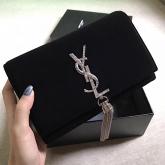 YSL Saint Laurent Kate Chain And Tassel Wallet In Black Velvet And Crystals CY00497