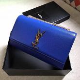 Designer YSL Saint Laurent Classic Medium Kate Satchel In Grained De Poudre Textured Leather Blue CY00499