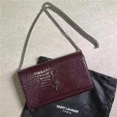 Designer YSL Monogram Saint Laurent Chain Wallet In Wine Red Crocodile Embossed Shiny Leather 442015 CY00516