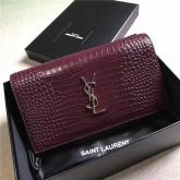 Designer YSL Monogram Saint Laurent Chain Wallet In Wine Red Crocodile Embossed Shiny Leather 442015 CY00516