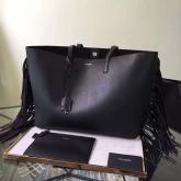 Designer YSL LARGE SHOPPING SAINT LAURENT FRINGED TOTE BAG IN BLACK LEATHER CY00560