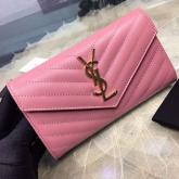 YSL Saint Laurent Flap Wallet Textured Matelasse Leather 372264 Light Pink CY00571