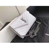 Replica YSL Saint Laurent Monogram Chain Wallet Grain De Poudre White In Silver Hardware CY00590