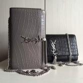 YSL Saint Laurent Classic Monogram Tassel Satchel In Grey Crocodile Embossed Leather CY00596