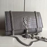 YSL Saint Laurent Classic Monogram Tassel Satchel In Grey Crocodile Embossed Leather CY00596