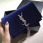 YSL Saint Laurent Kate Chain And Tassel Wallet In Dark Blue Velvet And Crystals CY00625