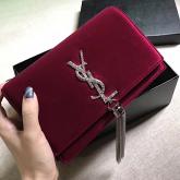 YSL Saint Laurent Kate Chain And Tassel Wallet In Bordeaux Velvet And Crystals CY00642