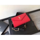 YSL Saint Laurent Monogram Chain Wallet Grain De Poudre Textured Matelasse Leather Red Replica CY00645