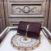 YSL Saint Laurent Classic Monogram Saint Laurent Tassel Clutch In Wine Red Crocodile Embossed Leather CY00712