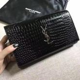 YSL Monogram Saint Laurent Chain Wallet In Black Crocodile Embossed Shiny Leather 442015 CY00862