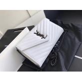 YSL Saint Laurent Monogram Chain Wallet Grain De Poudre White In Black Hardware CY00883