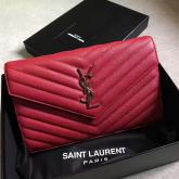 YSL Saint Laurent Monogram Silver Chain Wallet Red CY00925