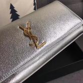 Designer YSL Saint Laurent Classic Monogram Clutch In Grain Metallic Leather Silver CY01016