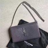 YSL Monogram Saint Laurent Chain Wallet In Grey Crocodile Embossed Shiny Leather 442015 CY01030