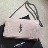 YSL Monogram Saint Laurent Chain Wallet In Antique Rose Crocodile Embossed Shiny Leather 442015 CY01069