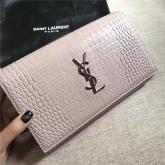 YSL Monogram Saint Laurent Chain Wallet In Antique Rose Crocodile Embossed Shiny Leather 442015 CY01069