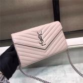 Designer YSL Saint Laurent Monogram Chain Wallet Grain De Poudre Rose In Silver Hardware CY01087