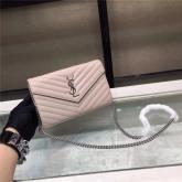 Designer YSL Saint Laurent Monogram Chain Wallet Grain De Poudre Rose In Silver Hardware CY01087