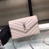 YSL Saint Laurent Envelope Chain Wallet Grain De Poudre Rose In Silver Hardware CY01243