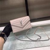 YSL Saint Laurent Envelope Chain Wallet Grain De Poudre Rose In Silver Hardware CY01243