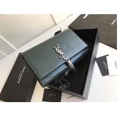 YSL Classic Medium Kate Monogram Saint Laurent Tassel Satchel In Green Crocodile Embossed Shiny Leather 354119 In Silver Hardware CY01245