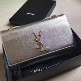 YSL Saint Laurent Classic Medium Kate Satchel In Grained De Poudre Textured Leather Pale Gold CY01307